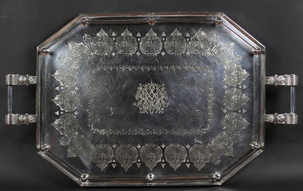 Fine Edwardian Silver Tray: Fine Edwardian Sheffield silver plated tray, gully footed, with handles, maker: Walker & Hull, #3352, 4"h x 29 3/4"l x 18"w. Undamaged.