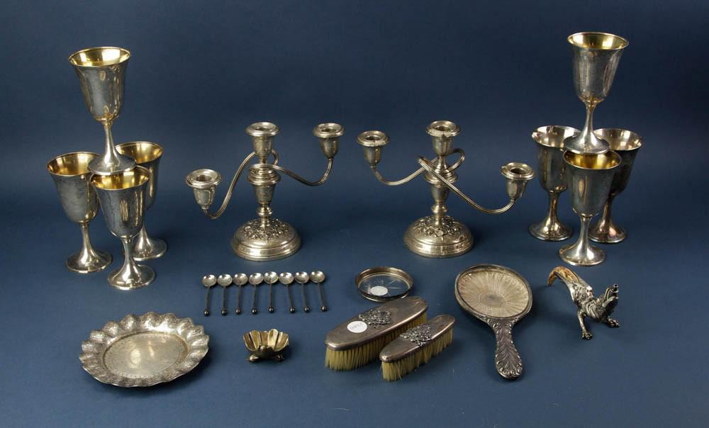 Group of Assorted Silver Items: Group of silver items, to include: set of (6) Gorham sterling silver goblets, (1) Sanborn Mexico sterling silver tray (6 1/2" dia), (1) sterling and bone griffin light candle, (1) English sterling han