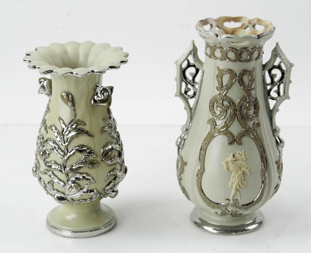 Two Villeroy and Bach Pate-sur-Pate Vases: Group of (2) Villeroy and Boch pate-sur-pate vases, 8 3/4" and 7 3/4".