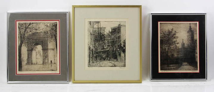 Group of Leon Louis Dolice Etchings of New York: Leon Louis Dolice (Austrian/American, 1892-1960), (3) etchings of New York scenes, to include: "Madison Square Garden", signed L. Dolice 1922, 10" x 8", framed 13" x 11";