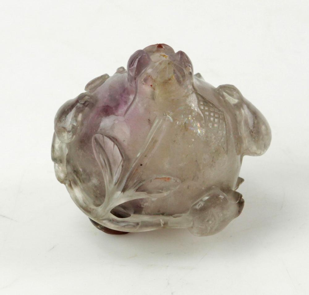 Chinese Amethyst Quartz Snuff Bottle: Chinese amethyst quartz snuff bottle, 2" x 2 1/8". Provenance: Palm Beach, Florida estate.