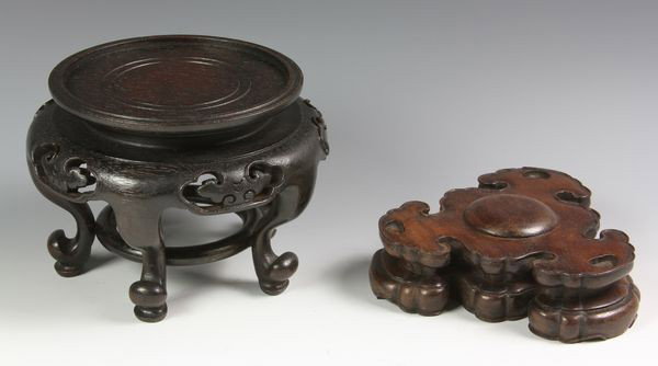 Two Chinese 19th C. Carved Wood Stands: Two Carved Wood Stands, China, 19th century, one low triangular form and one circular form on five cabriole legs, 4" high x 5 1/4" wide. Originally acquired by C.T. Loo & Co. of New York, NY and Paris