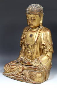 Chinese 19th C. Seated Buddha: Seated Buddha, China, 19th century, gilt wood, the seated Buddha in the lotus position with hands in the Dhyana Mudra, 14" high x 9" wide x 3" deep, minor chips and cracks.