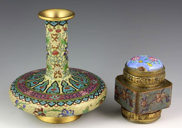 Two Chinese 19th - 20th C. Cloisonné Items: Two Cloisonné Items, China, 19th - 20th century, including a vase, the long bottle-neck and flattened body decorated with floral scrolls and cherry blossoms, and a box, the square sides decorated wit