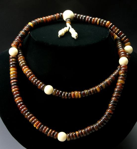 Chinese 18th - 19th C. Buddhist Prayer Beads: Buddhist Prayer Beads, China, 18th - 19th century, carved of elephant and rhinoceros ivory, 36" long. * Please note that it is solely buyer's responsibility to arrange the shipment of ivory, tortoises