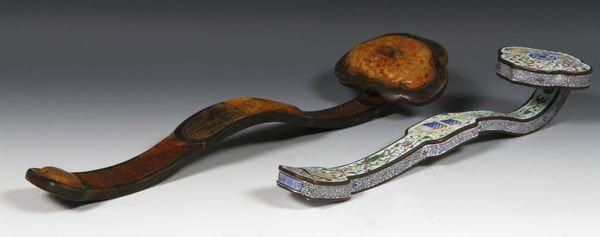 Two Chinese 20th C. Ruyi Scepters: Two Ruyi Scepters, China, 20th century, one with carved ox horn panels depicting many bats inset in a pierced wood frame, one cloisonné with eight symbols amongst a foliate pattern on a turquoise gro