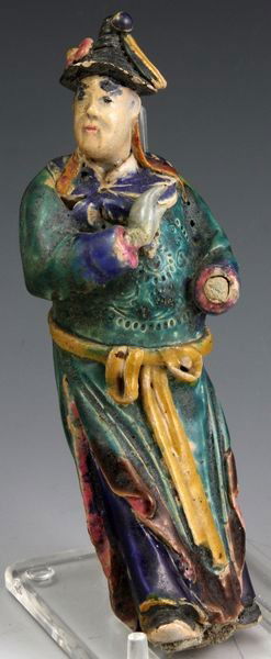 Chinese Ming Dynasty Roof Tile: Roof Tile, China, Ming Dynasty (1368 - 1444), the figural tile decorated in polychrome glaze, in custom box with glass lid, 7" high (figure), 10" high x 6" wide x 3 3/4" deep, missing one hand.