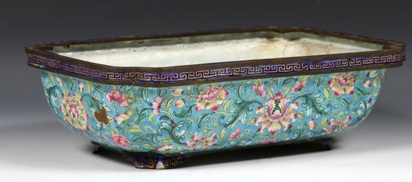 Chinese 19th C. Enameled Footed Bowl: Enameled Bowl, China, 19th century, the quatrefoil form enameled with a lotus scroll pattern and a turquoise ground, set on four low feet, 3" high x 10 1/4" wide x 7 1/4" deep.
