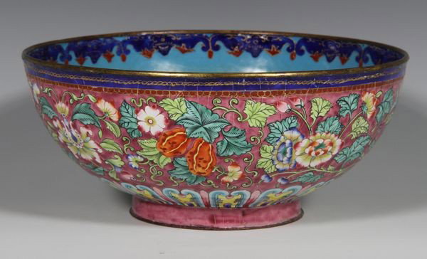 Chinese 19th C. Enameled Copper Bowl: Enameled Copper Bowl, China, 19th century, the interior decorated with bats around the center and rim, the exterior with a dense floral motif, 3" high x 7" diameter.