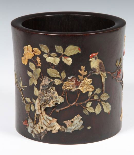 Chinese 19th C. Zitan Brush Pot: Zitan Brush Pot, China, 19th century, inlaid with a delicate soapstone design of a bird perched on a flowering branch, 6 1/2" high x 6 3/4" wide, one section of missing inlay.
