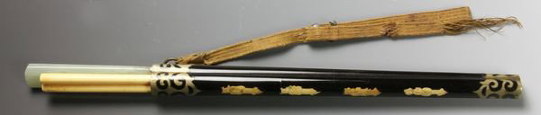 Chinese 19th C. Trousse: Trousse, China, 19th century, the lacquered case is inlaid with ivory figures of the Eight Buddhist Immortals and holds a jade-handled cutting knife and ivory chop sticks, 11" long. * Please note that