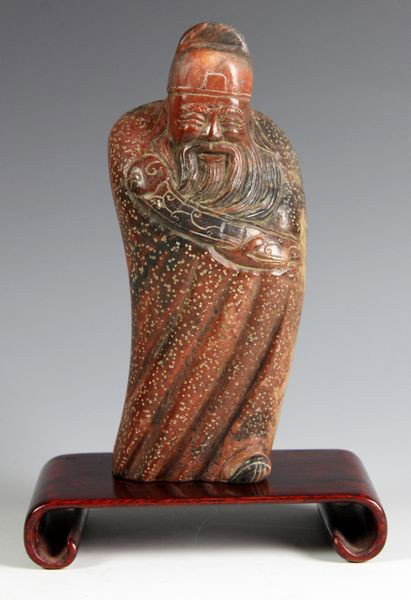 Chinese Soapstone Figure: Soapstone Figure, China, of an old man, on wood scroll-form stand, 6" high.