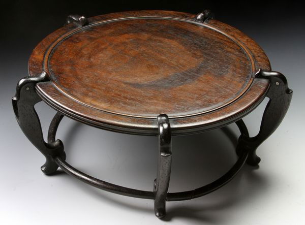 Chinese Wood Stand: Wood Stand, China, 19th century, the circular form supported on five chi dragon-form legs, 5" high x 12" diameter. Originally acquired by C.T. Loo & Co. of New York, NY and Paris, France. This collect