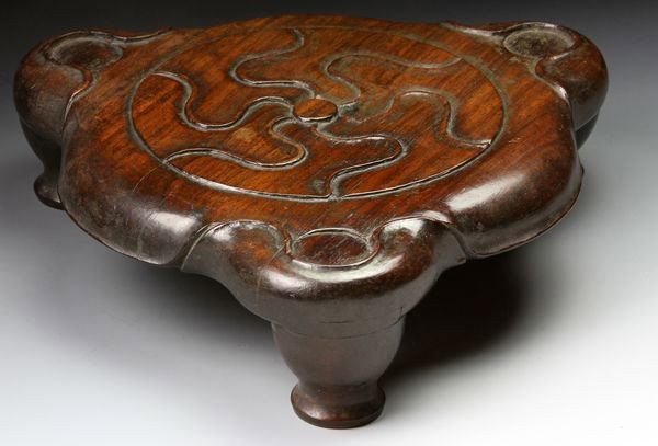 Chinese 19th - 20th C. Rosewood Stand: Rosewood Stand, China, 19th century, the triangular form on tripod legs, for an incense burner, 8 1/2" wide. Originally acquired by C.T. Loo & Co. of New York, NY and Paris, France. This collection wa
