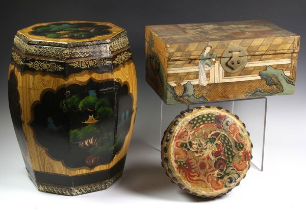 Three Chinese Items: Three Items, China, to include: a leather drum, signed "Kino Drum Fatshan China", 9" diameter; a covered box, 17" high x 13" diameter, and a leather covered box, 6 3/4" high x 15" wide x 9" diameter.