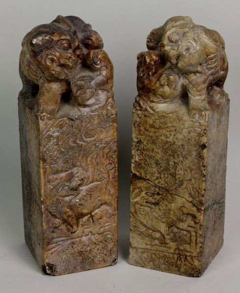 Chinese Soapstone Seal: Chinese soapstone seal with foo dog top, 7"h x 2 1/4"w x 2 1/4"d.
