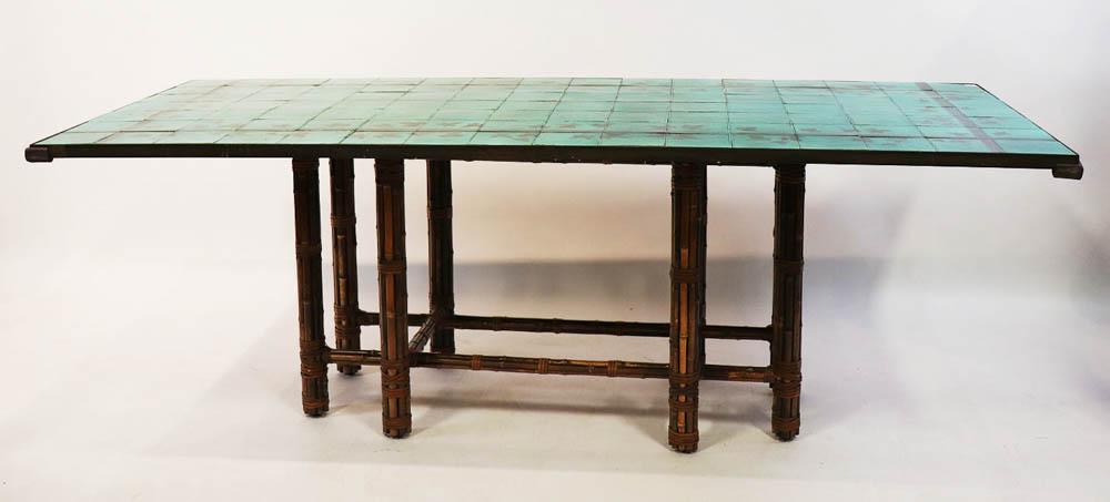 Tile-Top Table on Bamboo Base: Tile-top table on bamboo base, 29" H x 83 1/2" L x 37" W.