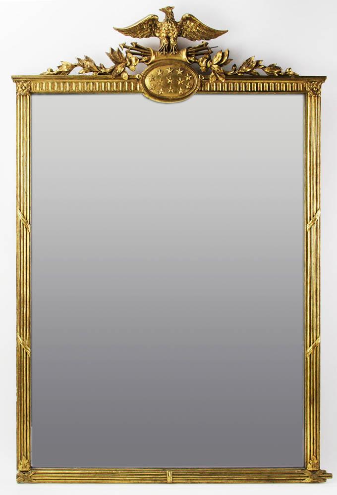 Federal-Style Gold Mirror with Eagle and Star Crest: Federal-style gold mirror having eagle and star crest, 42" x 26".