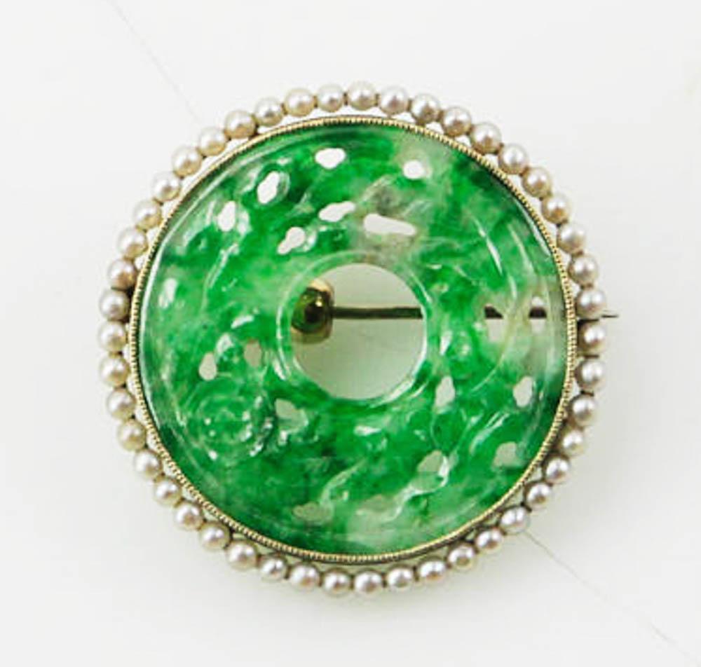 14k Yellow Gold Seed Pearl and Jade Brooch (1 of 5)