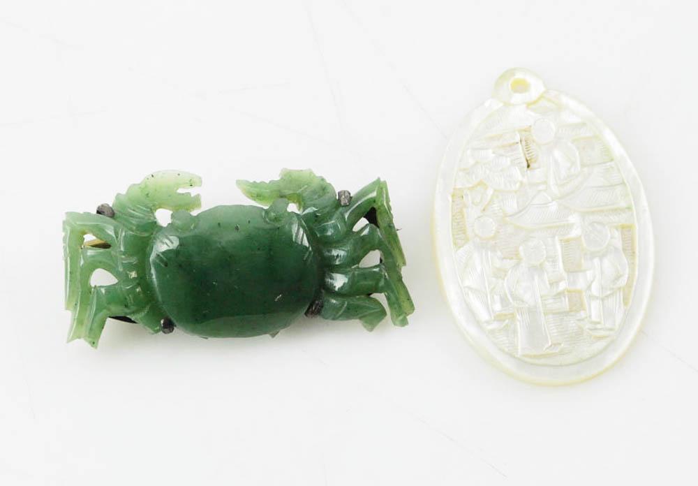 Carved Jade Crab Brooch, Mother-of-Pearl Pendant (1 of 4)