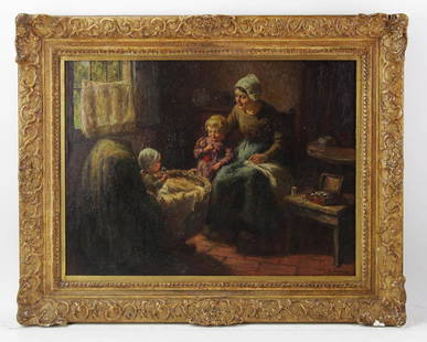 Louis Soonius, Interior with Mother and Childrens: Louis Soonius (Dutch, 1883-1956), Interior with Mother and Children, oil on canvas, with label from "E. Poulsen Pasadena", 22" x 30", framed 26" x 32".