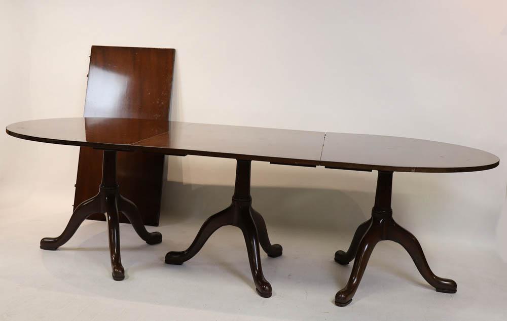 18thC English Queen Anne Style Triple-Pedestal Table: 18th century English Queen Anne-style triple-pedestal mahogany dining table, 29" H x 48" W. Leaf 24".
