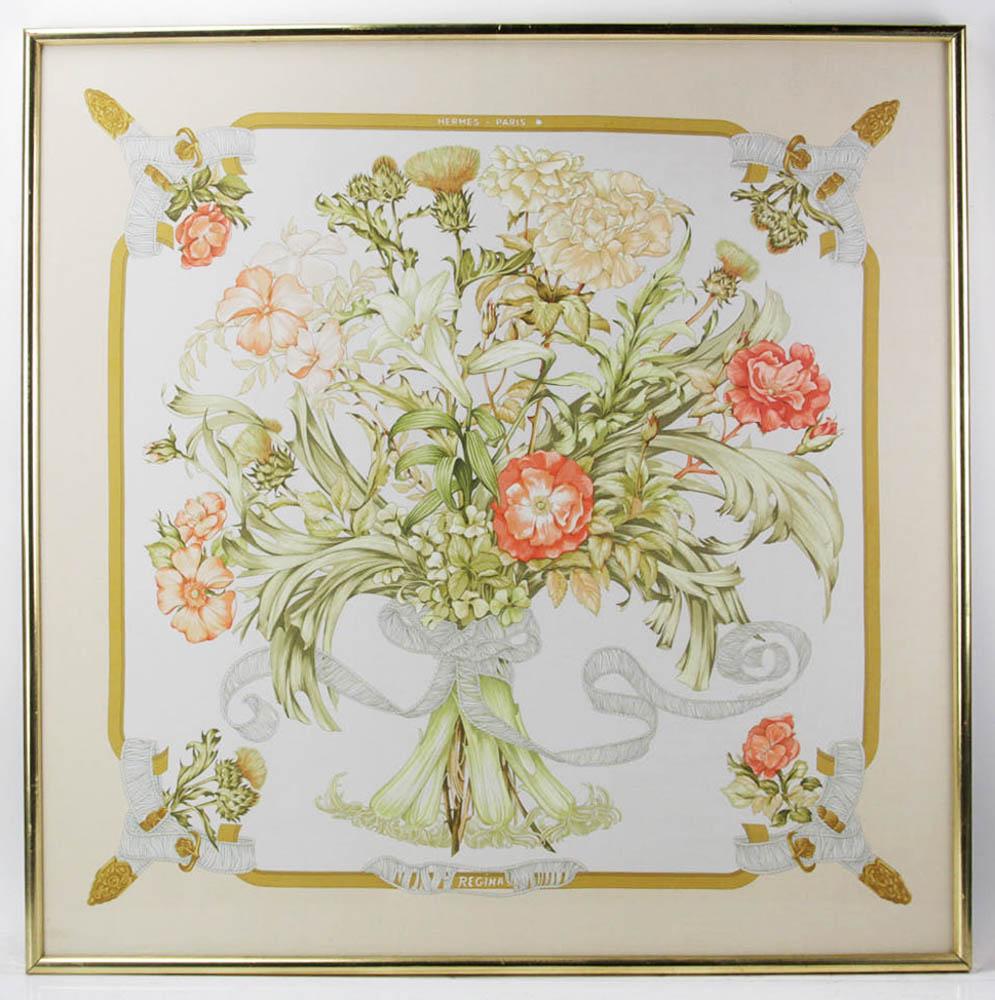 Hermes Regina Scarf, Framed: Hermes "Regina" scarf, framed and under glass, 35 1/4" x 35 1/4".