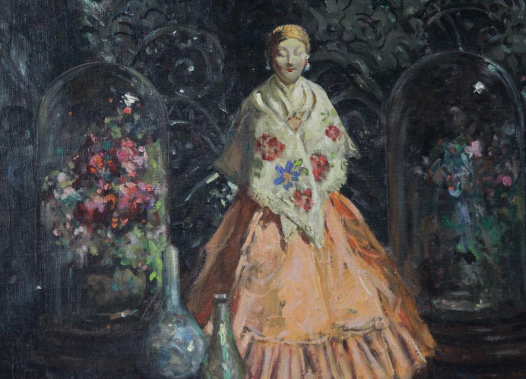 Abbott Fuller Graves Still Life with Porcelain Figure: Abbott Fuller Graves (1859-1963), still life with porcelain figure, oil on canvas, signed lower right, 20" x 24 1/4" view, 27 3/4" x 32" frame. Provenance: Hunter Gallery, San Franciso, California (la