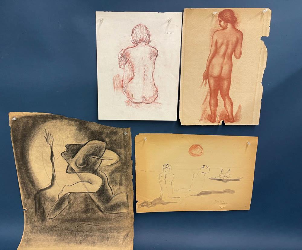 Collection of Art Studies of the Human Form: Collection of (27) art studies of the human form, charcoal ink, pencil, crayon, etc., largest approximately 24" x 18". All unframed.