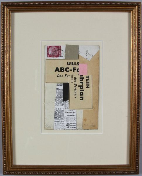 Schwitters, Collage: Kurt Schwitters (German, 1887-1948), paper collage with postage stamp on postcard, signed on collage lower left and lower right, 5 3/8" x 3 3/8", 11" x 8 7/8" (frame). Undamaged.