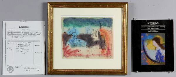 Feininger, "Traumdorf", W/C: Lyonel Feininger (German/American, 1871-1956), "Traumdorf", watercolor, signed lower left, titled lower center, dated 'Sept. 10, 1916' lower right, 8 1/2" x 10 1/2", 14 7/8" x 16 1/4" (frame). 1/8" te