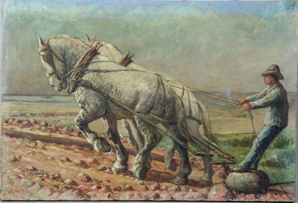 Julia S. Gunnison Porter, Horse Pulling Stone Plo: Julia S. Gunnison Porter (American, 1867-1952), horse pulling stone plow with train and Mission Hills, Point Loma tideland in background, oil on canvas, signed lower left "Julia SG Porter", 25" x 17",