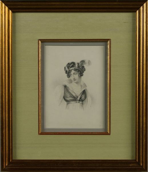 Collins, Feather Hat, Drawing: H. Collins, feather hat woman, pencil drawing, signed and dated '1832', 7 3/4" x 5 5/8", 14 1/4" x 12 1/4" (frame).