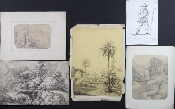 5 Misc. Drawings: Lot fo five (5) miscellaneous pencil and ink drawings, largest measures 12" x 8 3/4" and is monogrammed 'TM' and dated '1882', pencil drawing of two figure titled and dated '1876'.