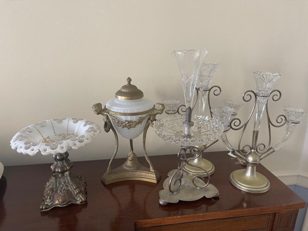 19thC Victorian Epergnes and Overlay Footed Bowl: 19th century Victorian group of crystal epergnes and overlay footed bowl, lot of (5) pieces.