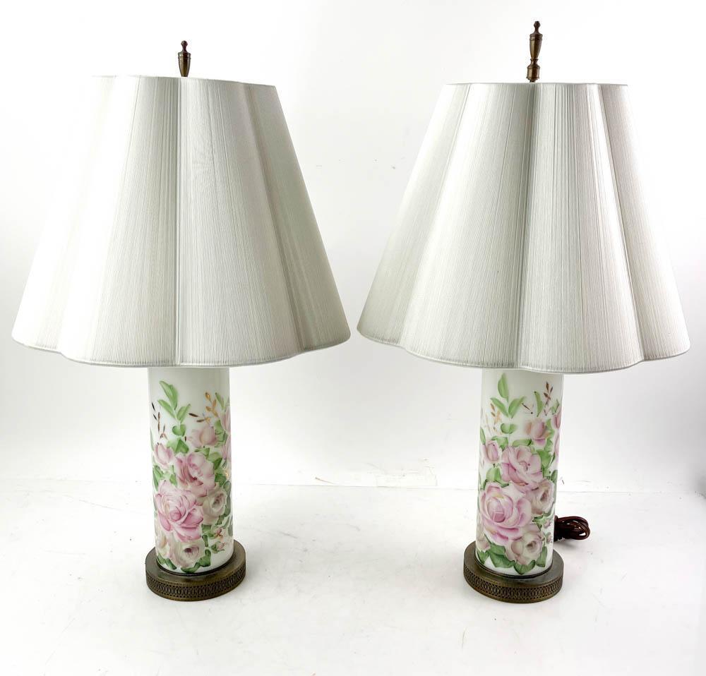 Pair of Hand-Painted Bristol Glass Table Lamps: Pair of hand-painted Bristol glass table lamps, 17 3/4" (to top of socket).