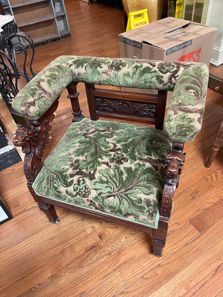 C1880s Upholstered Walnut Armchair with Griffons: Circa 1880s upholstered walnut armchair with griffons, 30" H x 30" W x 23" D.