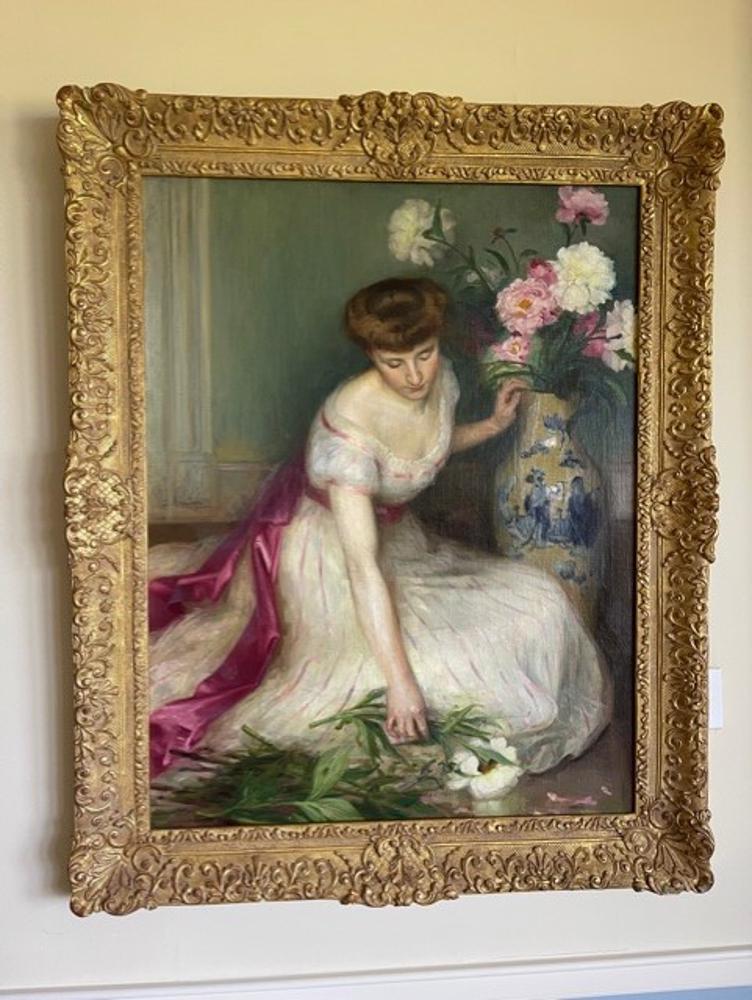 Gabrielle Achenbach, Woman with Peonies: Gabrielle Achenbach, young woman arranging peonies, oil on canvas, signed G. Achenbach C/L, 45" x 35", in hand-carved giltwood frame 53" x 44".