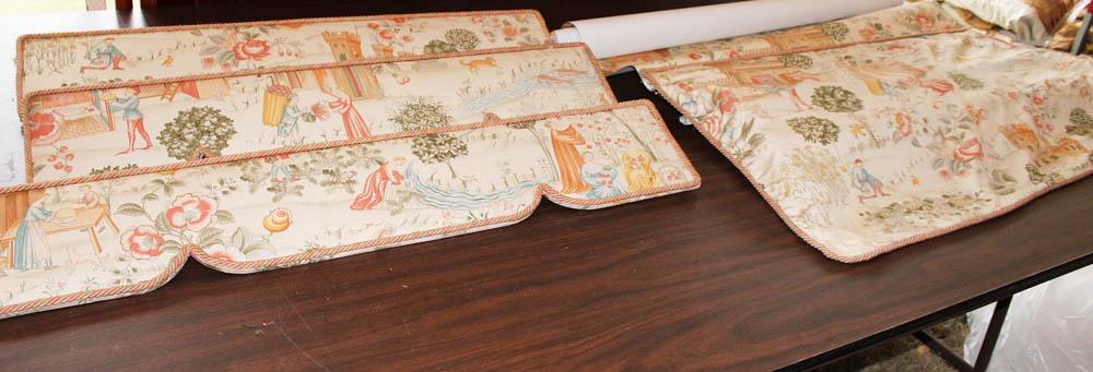 Group of Valances and Pull Curtains: Group of (3) valances, 45" W, and (3) pull curtains, 45" W.