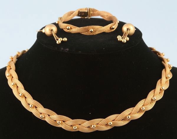 1960s Italian Necklace and Bracelet: 1960s 18kt gold Italian suite to include: necklace (19 1/4"l), bracelet (7"l) and earrings, mesland bead design, 3.0 oz/56 dwt t.w.. Undamaged.
