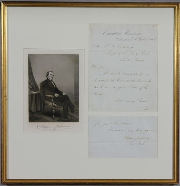 Andrew Johnson Signed Letter: Signed letter by President Andrew Johnson written from the Whitehouse, dated September 9, 1865, to Frederic Walker Lincoln, Jr (February 27, 1817 - September 12, 1898), Mayor of the City of Boston fro