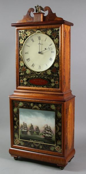 Aaron Willard Clock: Custom style Aaron Willard clock with reverse painted panel of the "Escape of the Constitution", 31"h x 13" x 8".