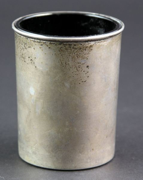 Sterling Tumbler: Small sterling tumbler with black glass liner, reads: "Reed + Barton - sterling - X141", 3 5/8"h