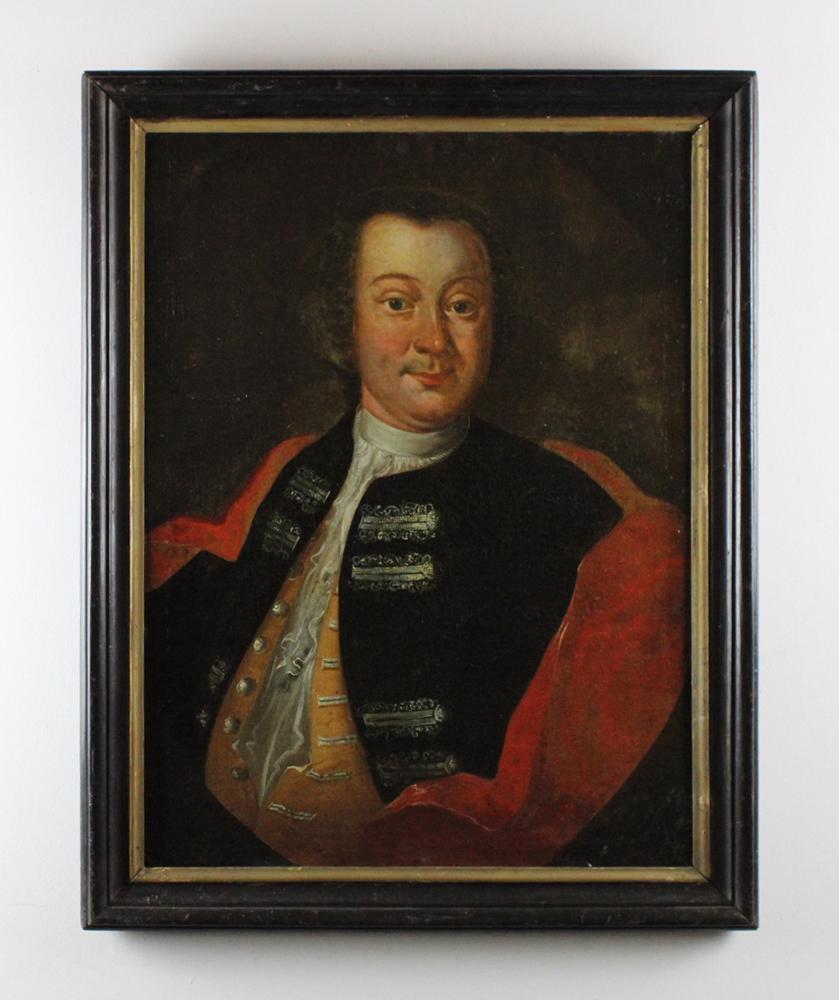 18thC Portrait of a Nobleman: 18th century portrait of a nobleman wearing black, yellow, and red garb, oil on canvas mounted on board, 28" x 21", framed 32" x 25". Provenance: Anthony's Pier 4 restaurant, Boston, Massachusetts.