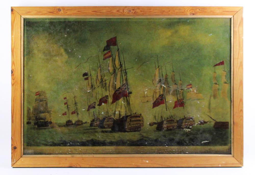 Lithograph, British and Spanish Fleets in Battle: Lithograph under glass of British and Spanish fleets in battle, full description at bottom, frame 27" x 38 1/2". Provenance: Athanas, The General Glover House, Swampscott, Massachusetts.
