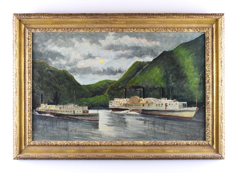 Guiber, Steamboats Isaac Newton, Francis Skiddy: Guiber, paddlewheel steamboats The Isaac Newton and The Francis Skiddy, oil on canvas, 18" x 29", framed 24" x 35". Provenance: Collection of Anthony Athanas, Pier 4 Restaurant, Boston, Massachusetts.