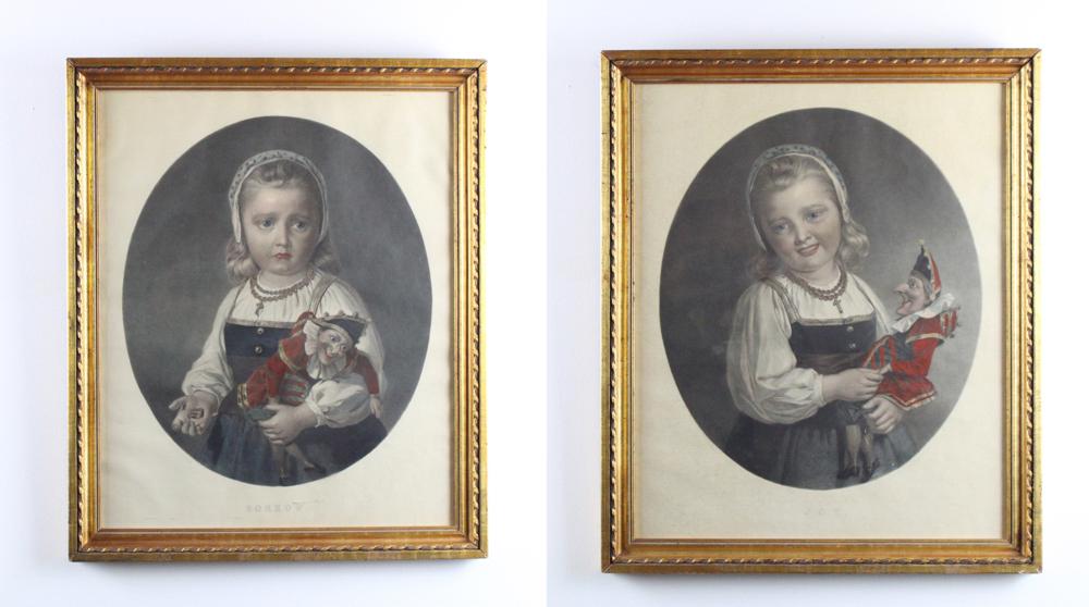 T Bicksee Engravings, Joy and Sorrow: T. Bicksee, two colored engravings of young girl holding doll, "Joy", and "Sorrow", 22" x 18 1/2". Provenance: Collection of Anthony Athanas, Pier 4 Restaurant, Boston, Massachusetts.