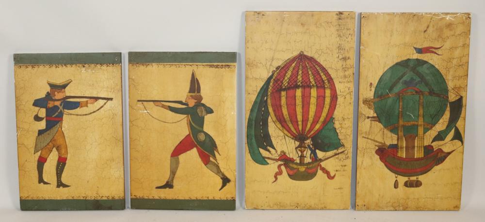 Group of Painted Wooden Plaques: Group of hand-painted wooden plaques, two with hot air balloon motif, one with British Soldier, one with colonial soldier, largest 30" x 16". Good condition. Provenance: The General Glover House resta