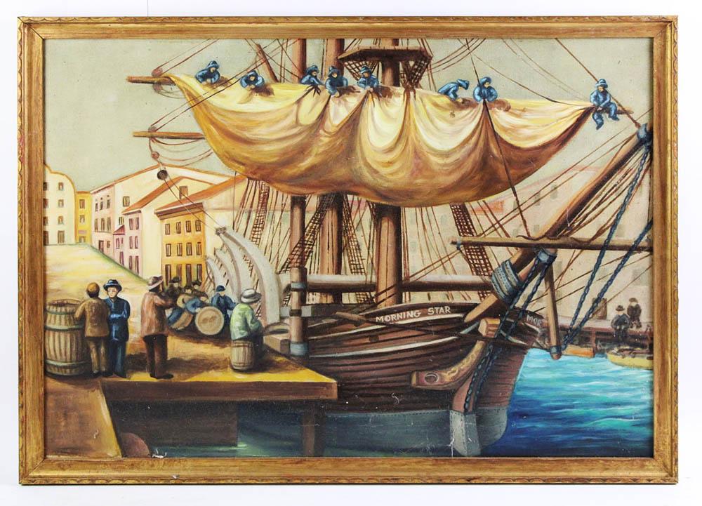 Sailing Ship Morning Star, Oil on Board: Sailing ship Morning Star, identified verso as out of New Bedford, oil on canvas, unsigned, 19 1/2" x 27", framed 21" x 28 3/4". Provenance: Athanas, The General Glover House, Swampscott, Massachusett