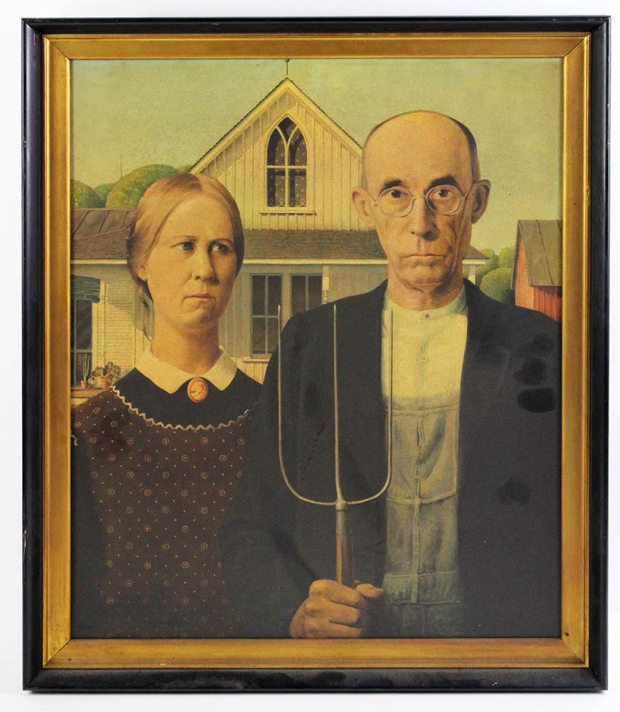 Offset Lithograph of American Gothic: Offset lithograph of American Gothic by Grant Wood, frame 23" x 19 1/2". Provenance: Athanas, The General Glover House, Swampscott, Massachusetts.